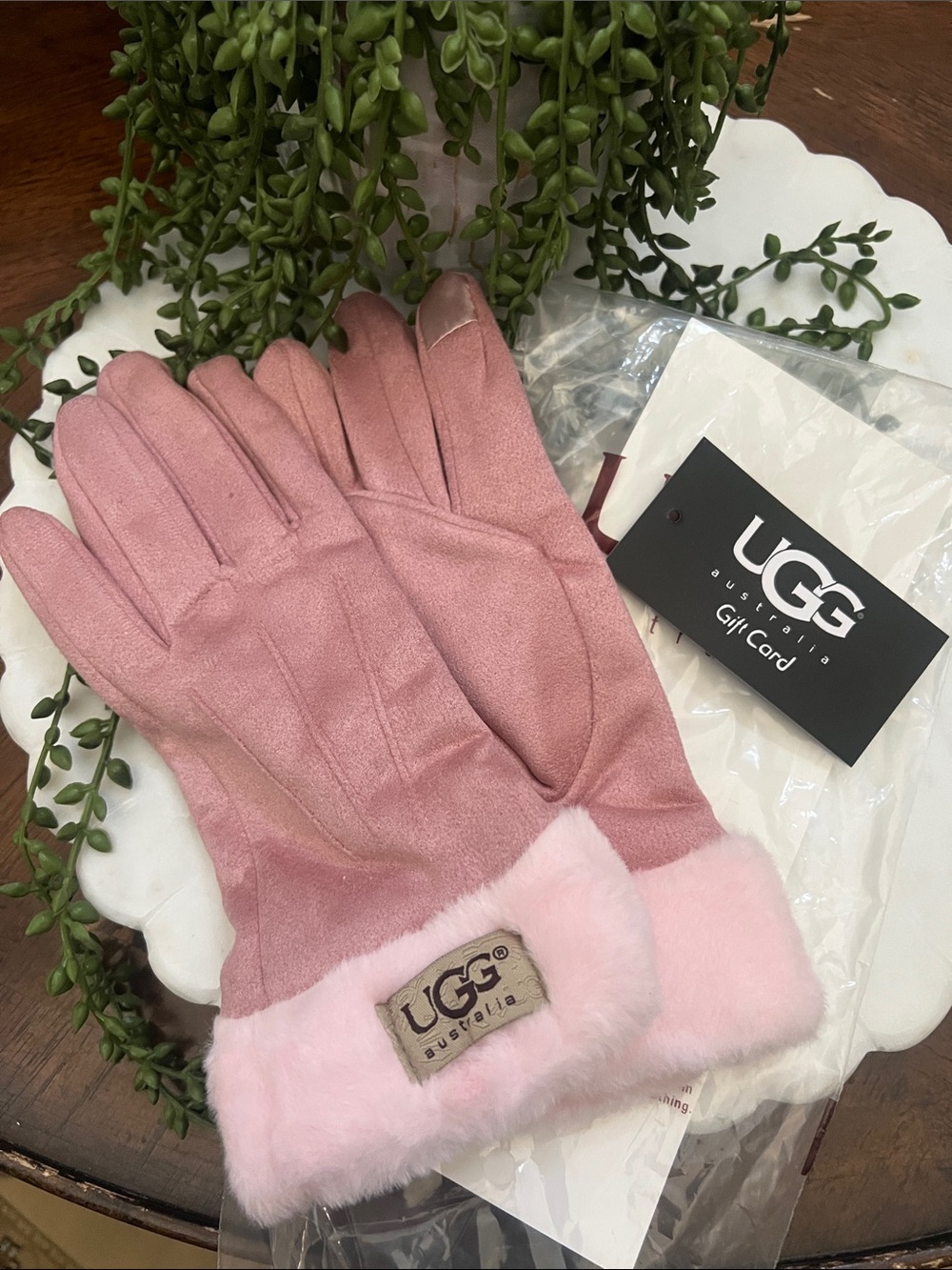 UGG Pink Suede Shearling Cuff Touchscreen Gloves